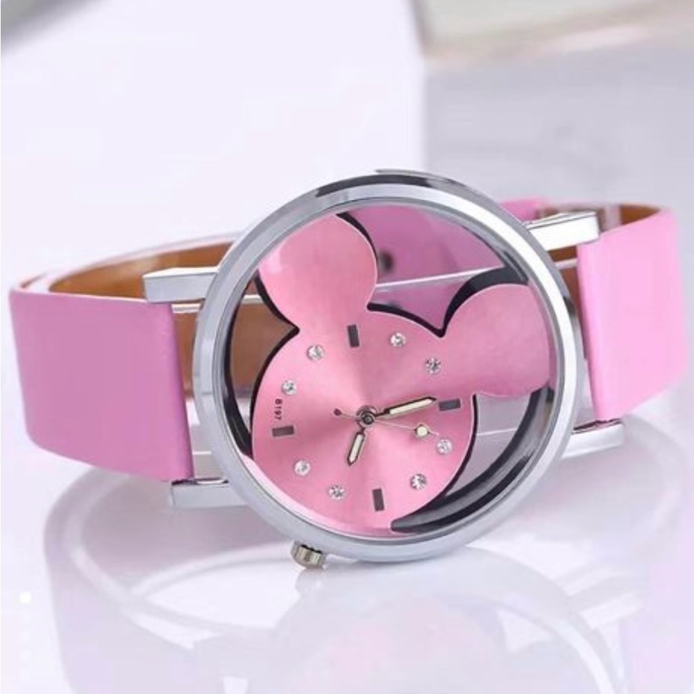 🩷 New! Pink & Silver Hallowed Mickey Mouse Ears Watch w Faux Leather Strap